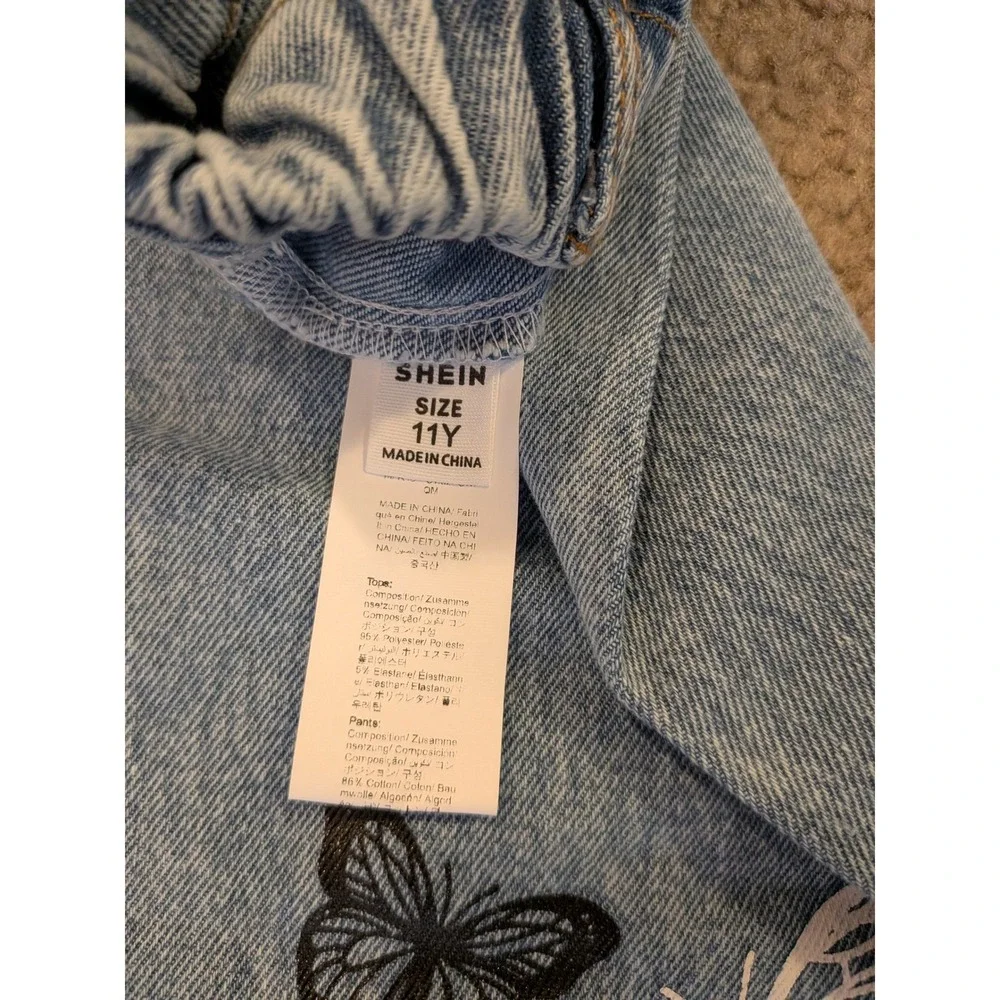 Shein Girls Butterfly Embroidered Distressed Wide Leg Jeans Size 11Y